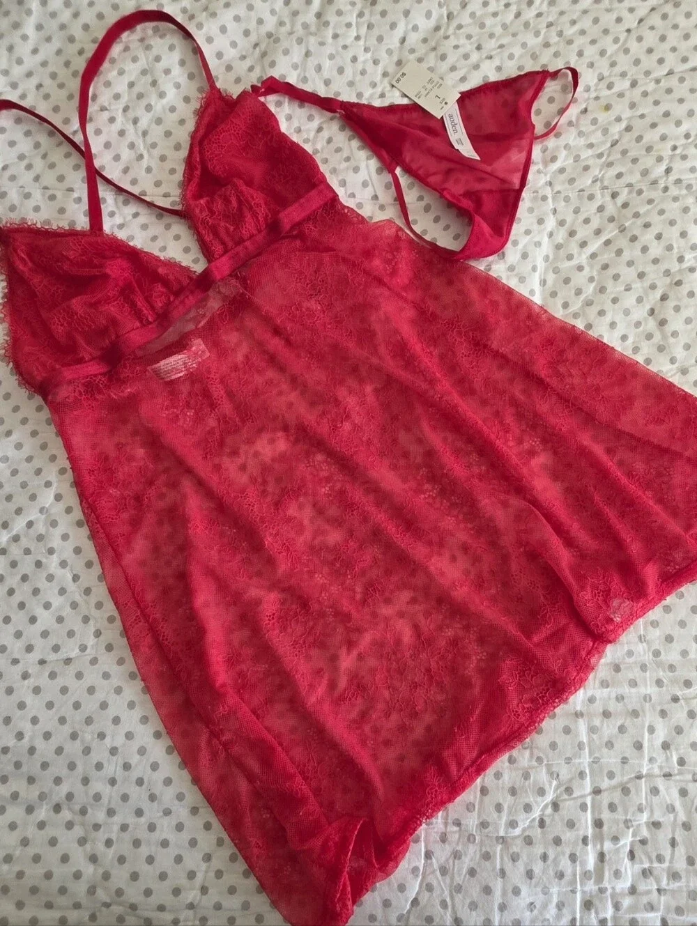 Auden Cherry Red Sheer Lace Baby Doll Mini & Thong Lingerie Set Size L